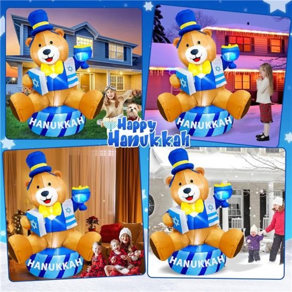 6 FT Hanukkah Inflatable Gentleman Bear Holding Menorah and Bible Outdoor Decor - Picture 3 of 6